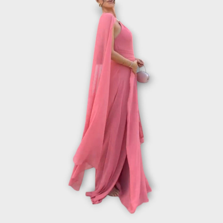 Chic Maxi Dress with Cape Sleeves & High Slit