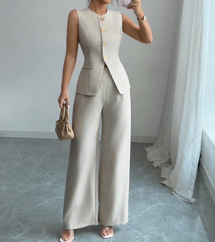Chic Cream Wide-Leg Trouser Set for Events