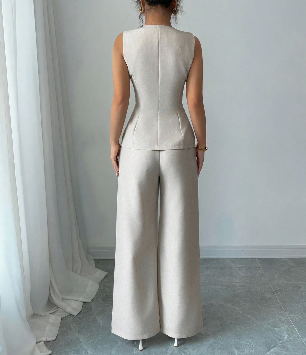 Chic Cream Wide-Leg Trouser Set for Events