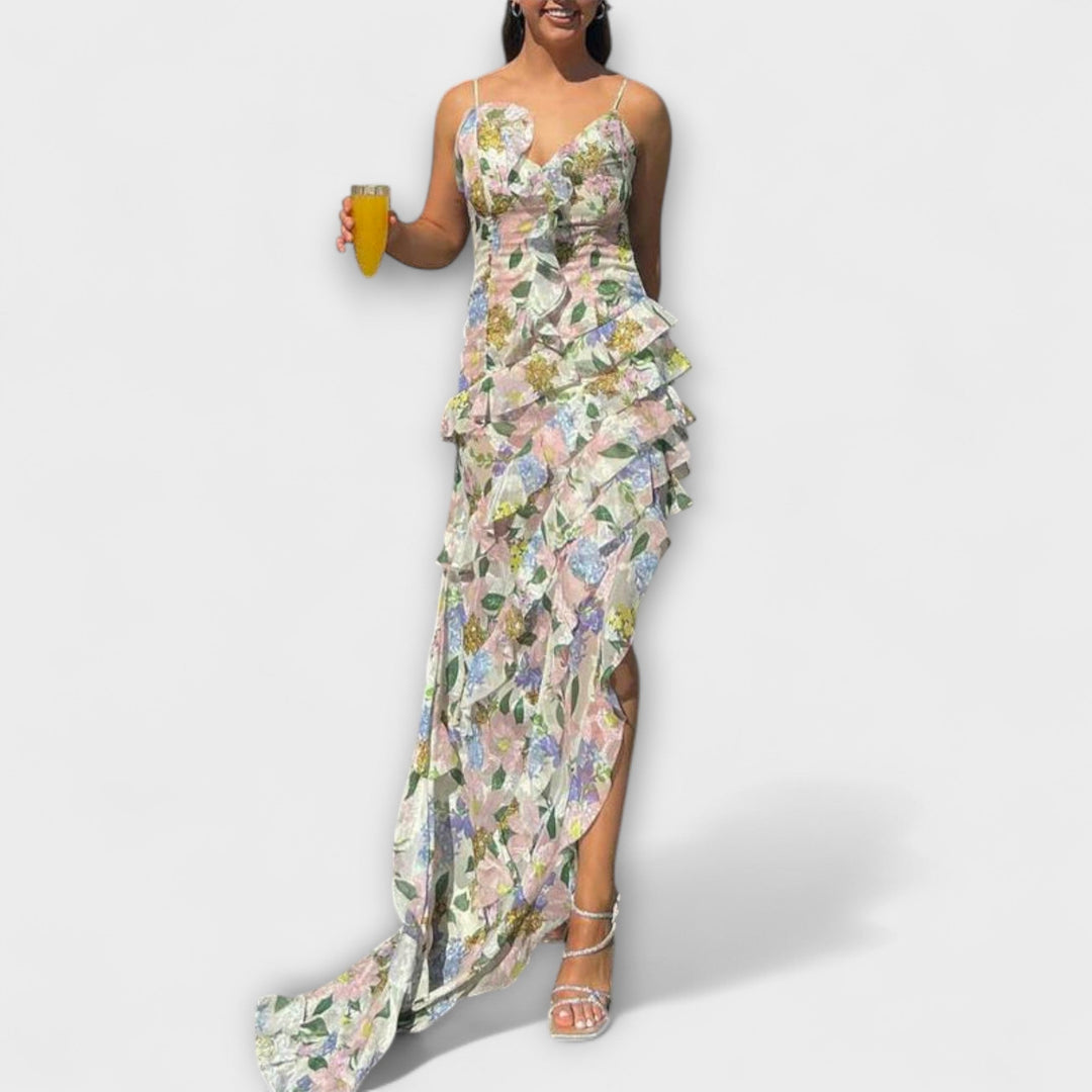 Chic Ruffled Dress with Strap Print for Any Occasion