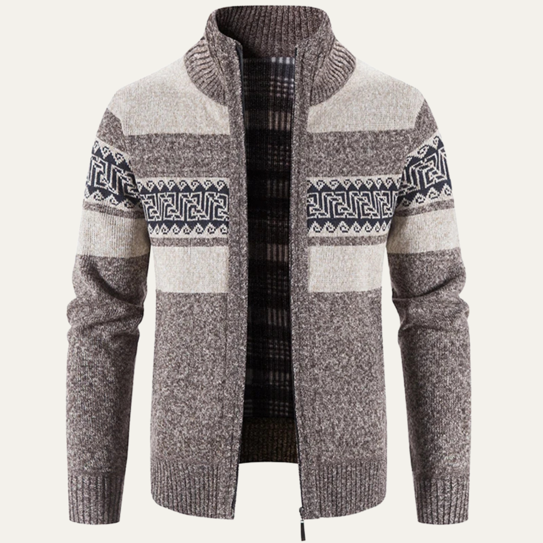 The Carovigno Men’s Knitted Zip Cardigan with Patterned Design and Stand Collar