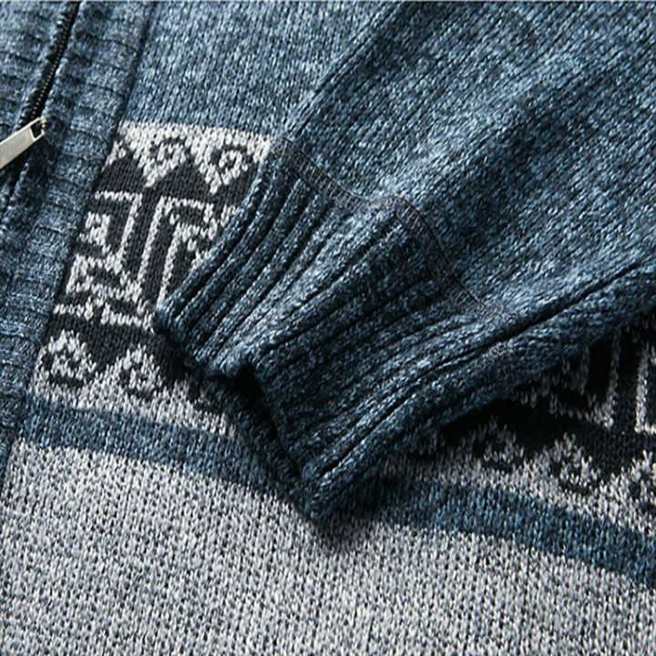 The Carovigno Men’s Knitted Zip Cardigan with Patterned Design and Stand Collar