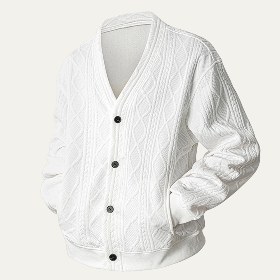 The Capri Men's Cable Knit Diamond Pattern V Neck Cardigan