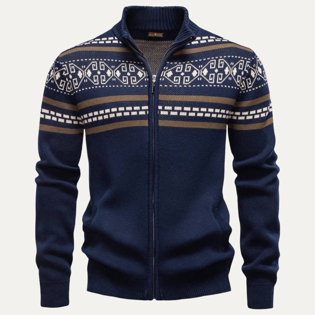 The Procida Men's Vintage Ethnic Collar Knit Zip Up Cardigan