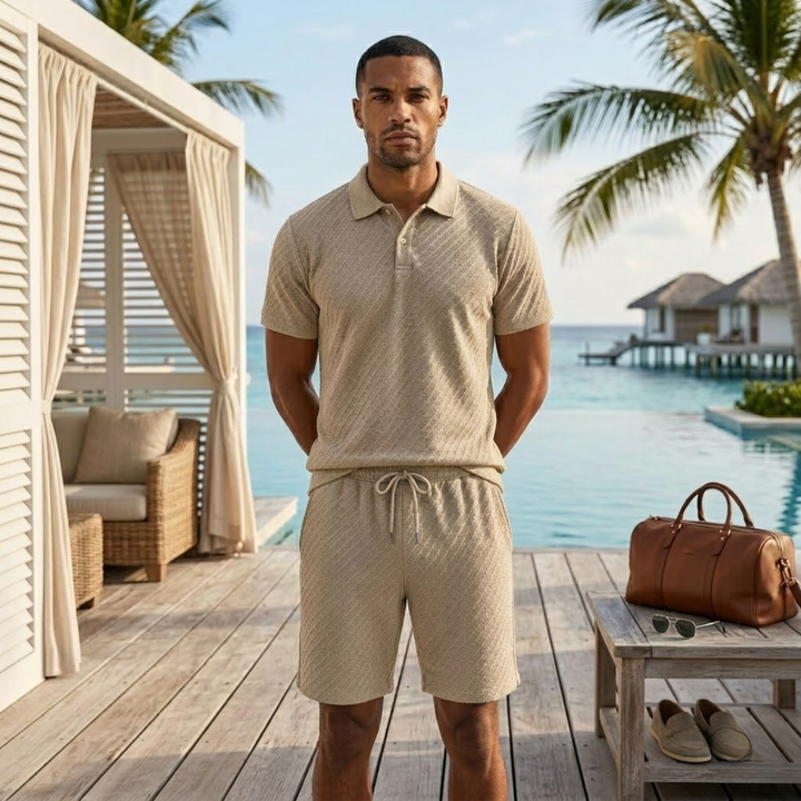 The Surrey Men’s Summer Jacquard Polo & Shorts Set – Lightweight Beach Outfit