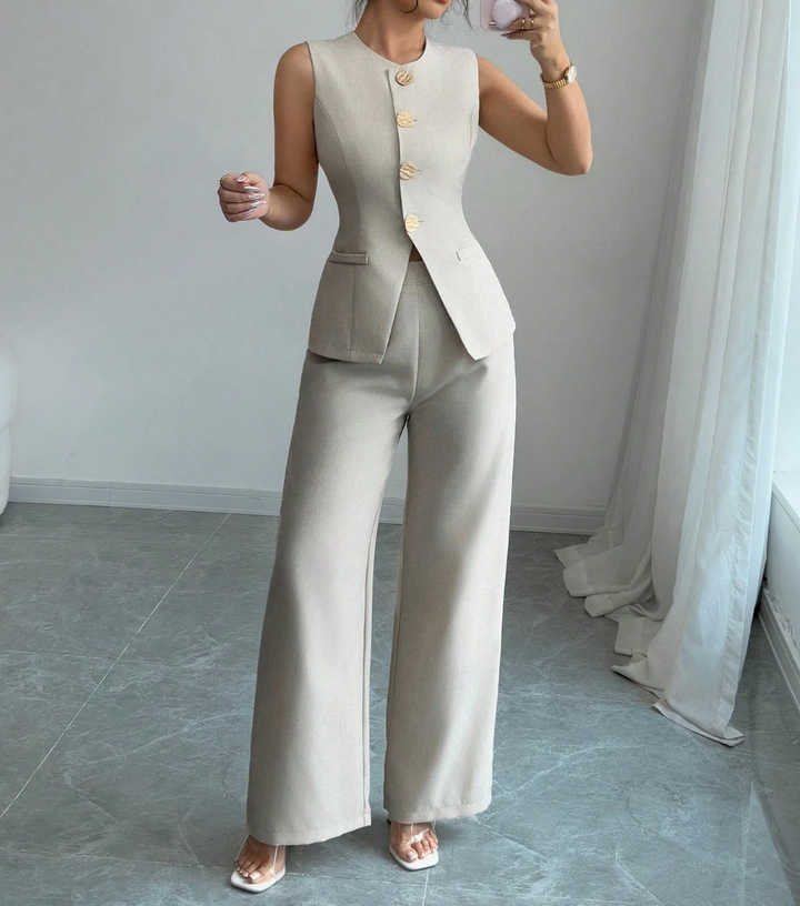 Chic Cream Wide-Leg Trouser Set for Events