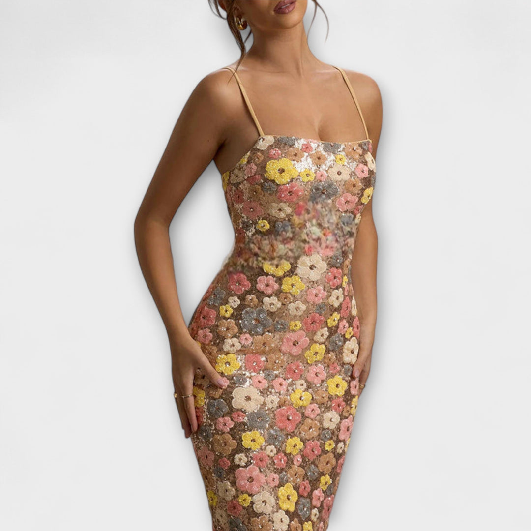 Oakley 80s Style Floral Sequin Maxi Dress for Special Occasions
