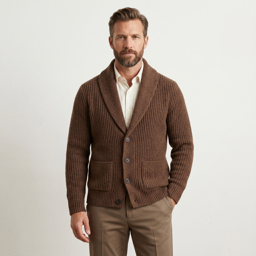 The Aldercrest Men’s Chunky Button Up Knitted Shawl Collar Cardigan