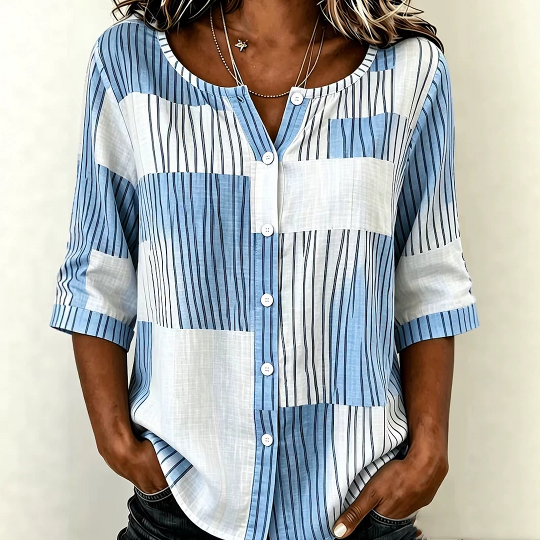 Elsa | Patchwork Stripe Button Blouse