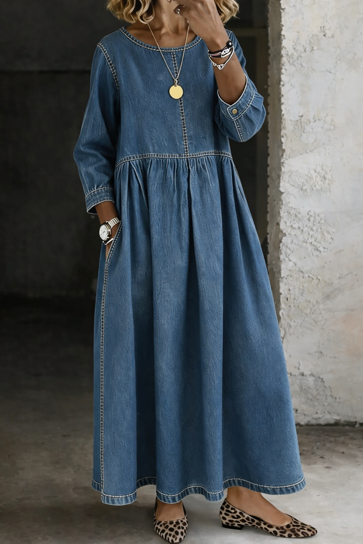 Reda | Round Neck Long Sleeve Denim Dress