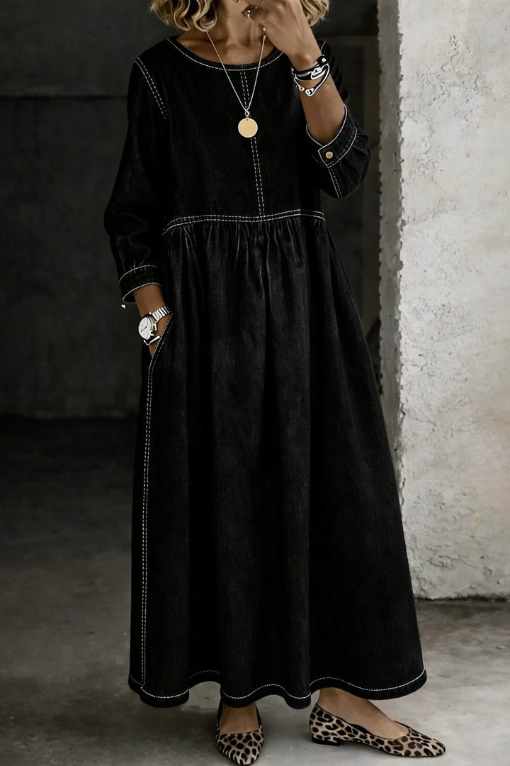 Reda | Round Neck Long Sleeve Denim Dress