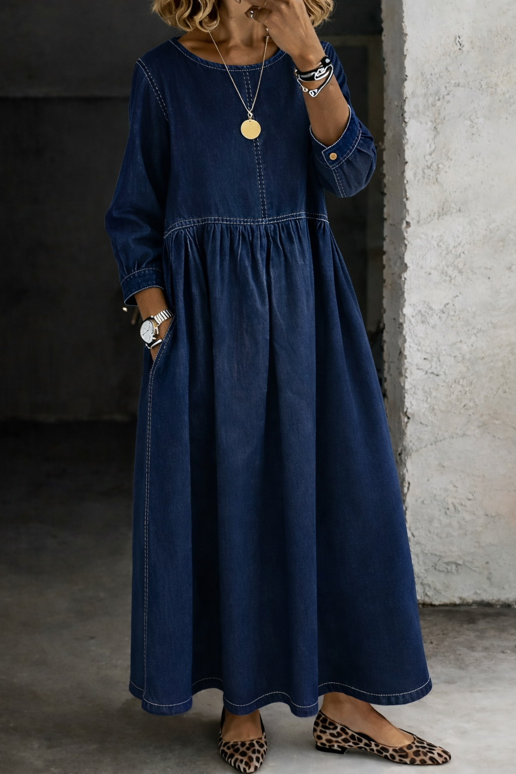 Reda | Round Neck Long Sleeve Denim Dress