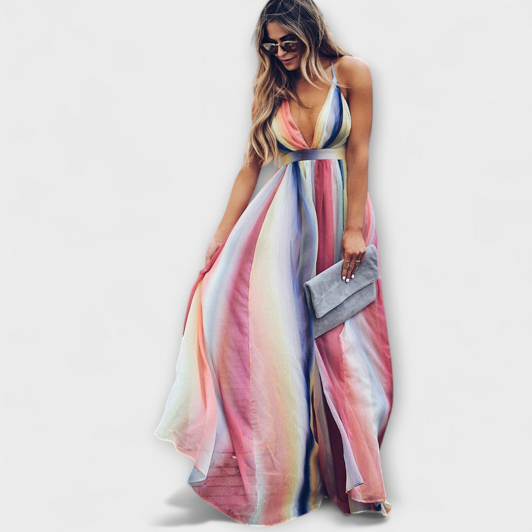 V-Neck Multicolored Striped Women's Dress for Every Occasion
