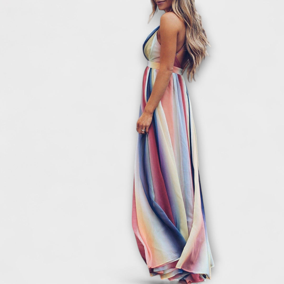 V-Neck Multicolored Striped Women's Dress for Every Occasion