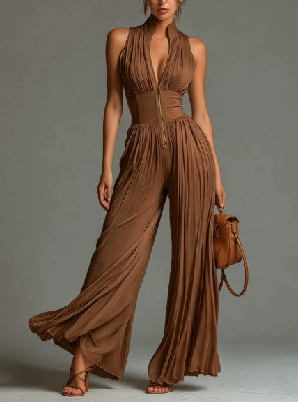 Zakira | Pleated Halter Wide-Leg Jumpsuit