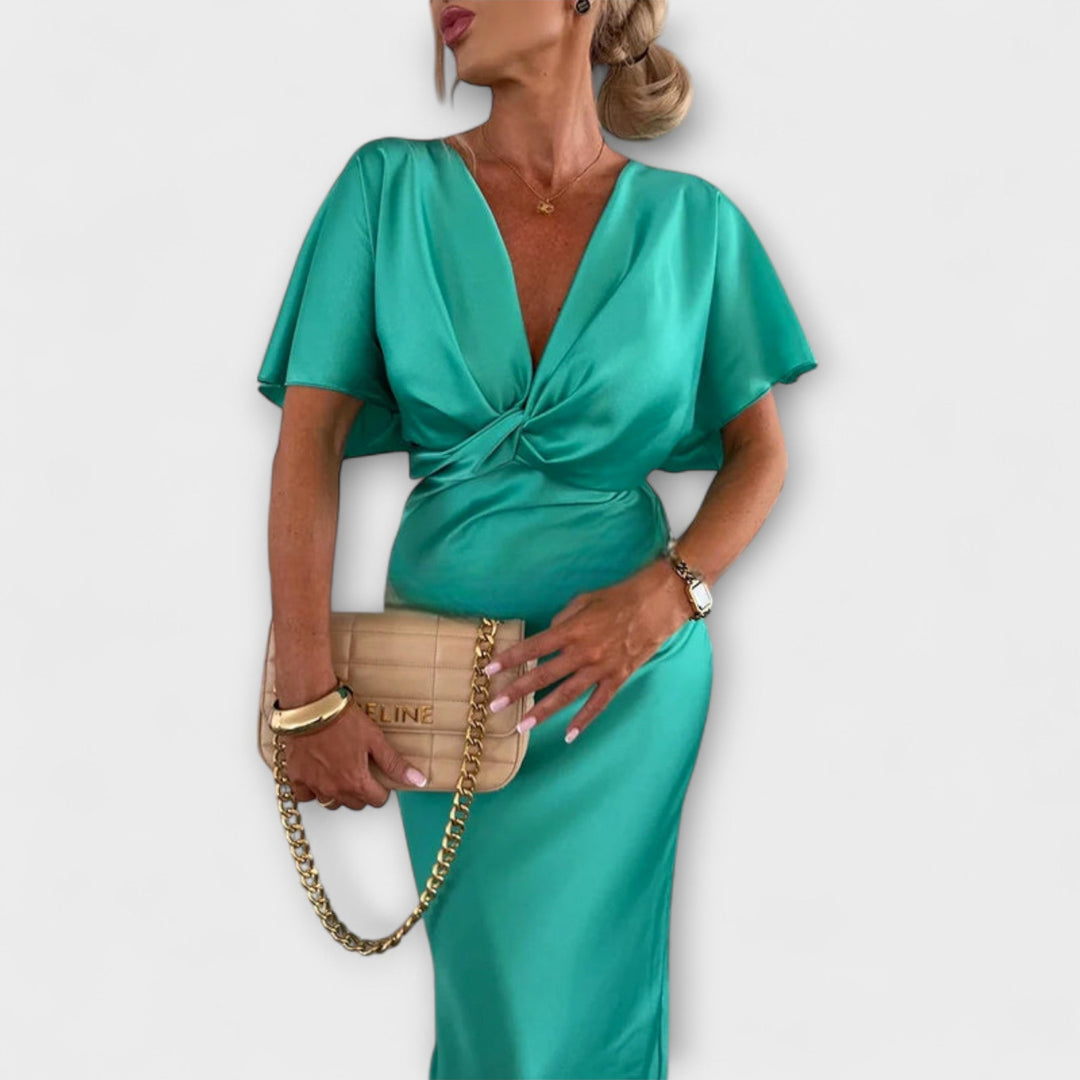 Sable Satin V-Neck Cross Knot Maxi Dress for Events