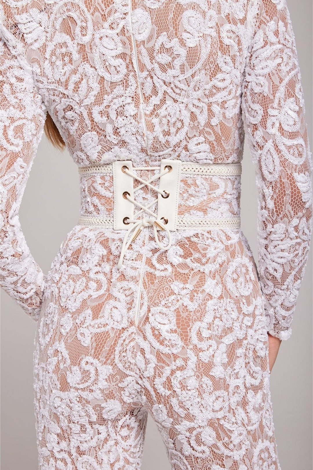 Women's Sequin Lace Long Sleeve Jumpsuit | Sheer Accents & Flared Trousers for Parties